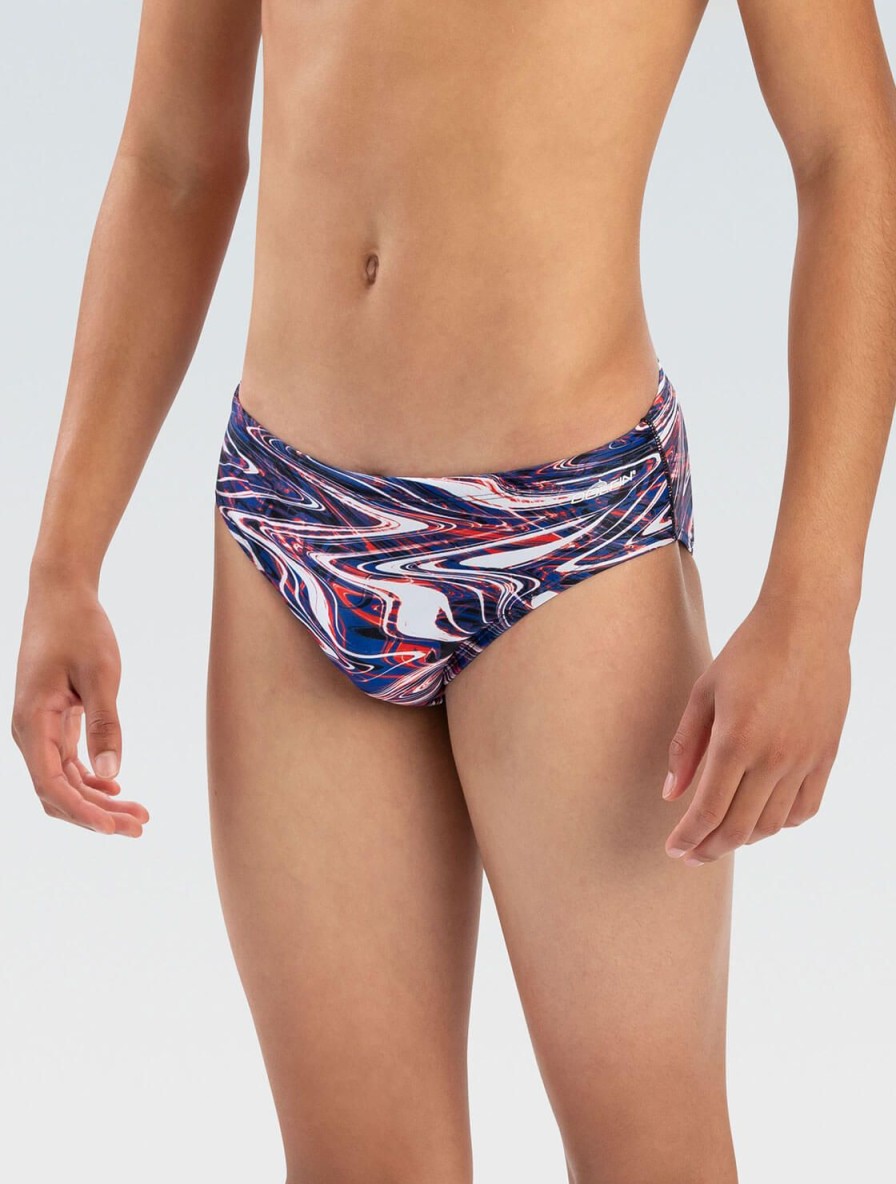 Uomo Dolfin Costumi Da Competizione | Costume Da Bagno Da Uomo Reliance Jet Stream Rosso Bianco E Blu All-Over