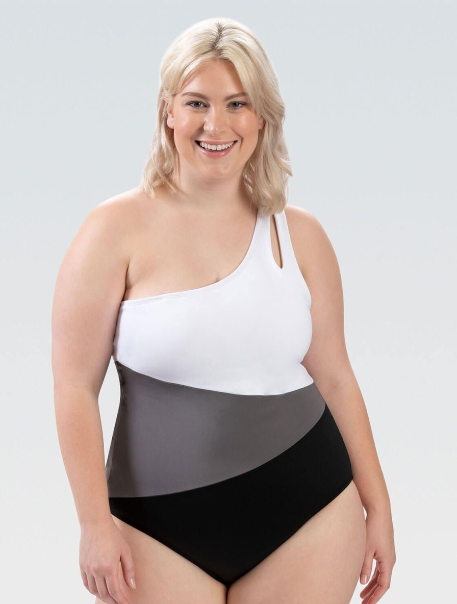 Donna Dolfin Intero | Costume Da Bagno Intero Asimmetrico Moderato Aquashape Da Donna In Bianco E Nero