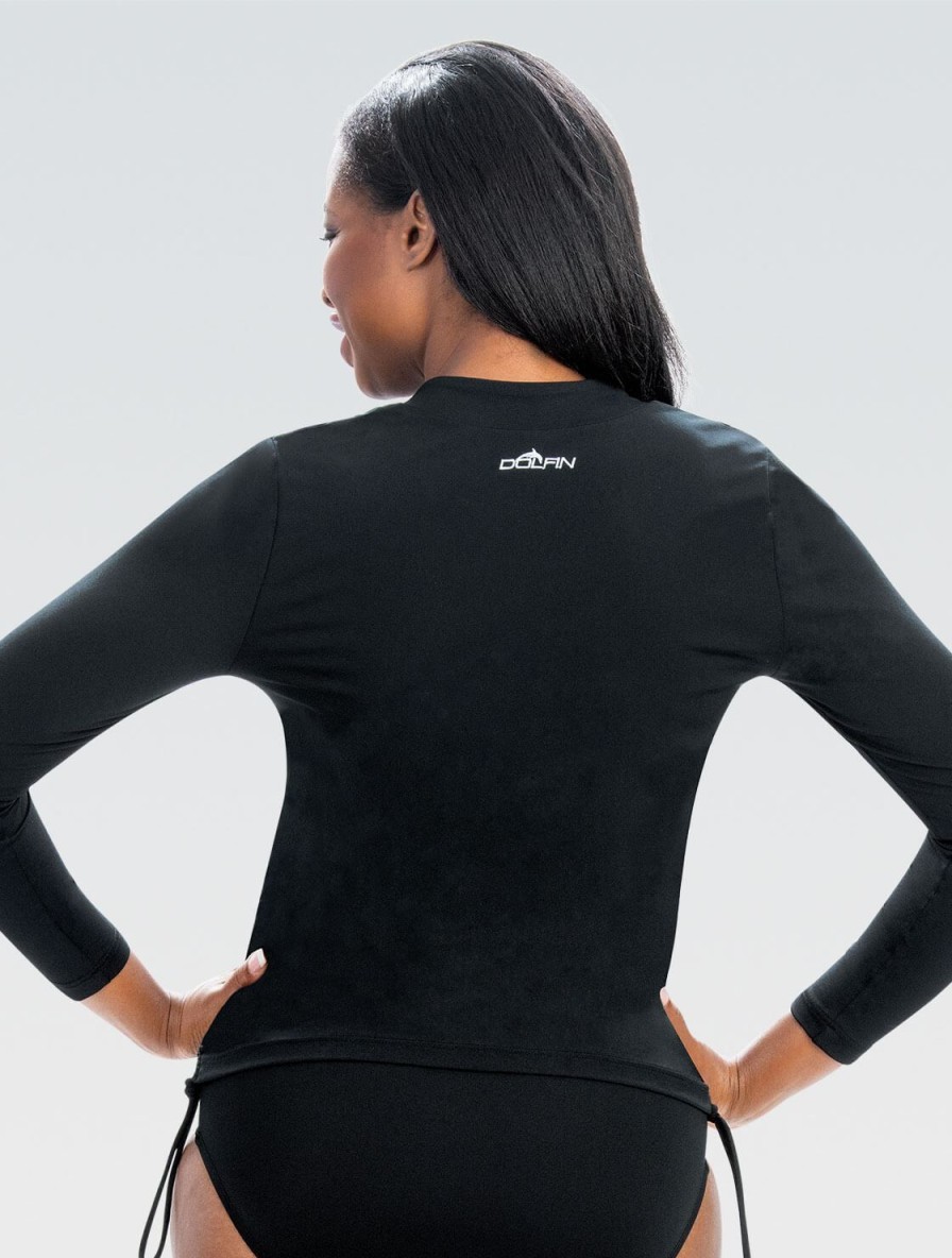 Donna Dolfin Fitness Acquatico | Rash Guard Aquashape Da Donna Con Increspatura Laterale Nera