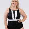 Donna Dolfin Intero | Costume Da Bagno Intero Da Donna Aquashape A Blocchi Di Colore Bianco E Nero Con Scollo A Barca Moderato