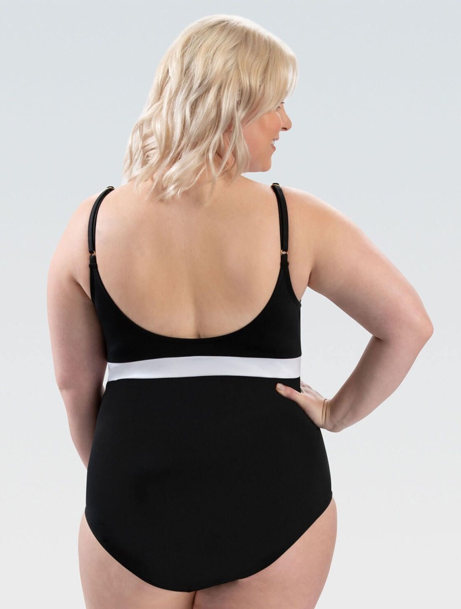 Donna Dolfin Intero | Costume Da Bagno Intero Da Donna Aquashape A Blocchi Di Colore Bianco E Nero Con Scollo A Barca Moderato